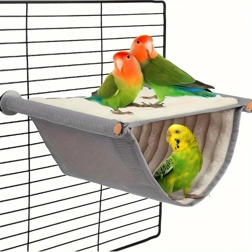Washable yellow-grey fleece bird hammock for bird cages. Warm nesting perch for small pets to rest and play comfortably.