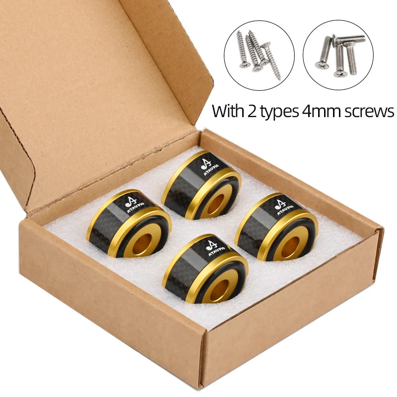 Gold speaker isolation pads with included screws, packed in an open box