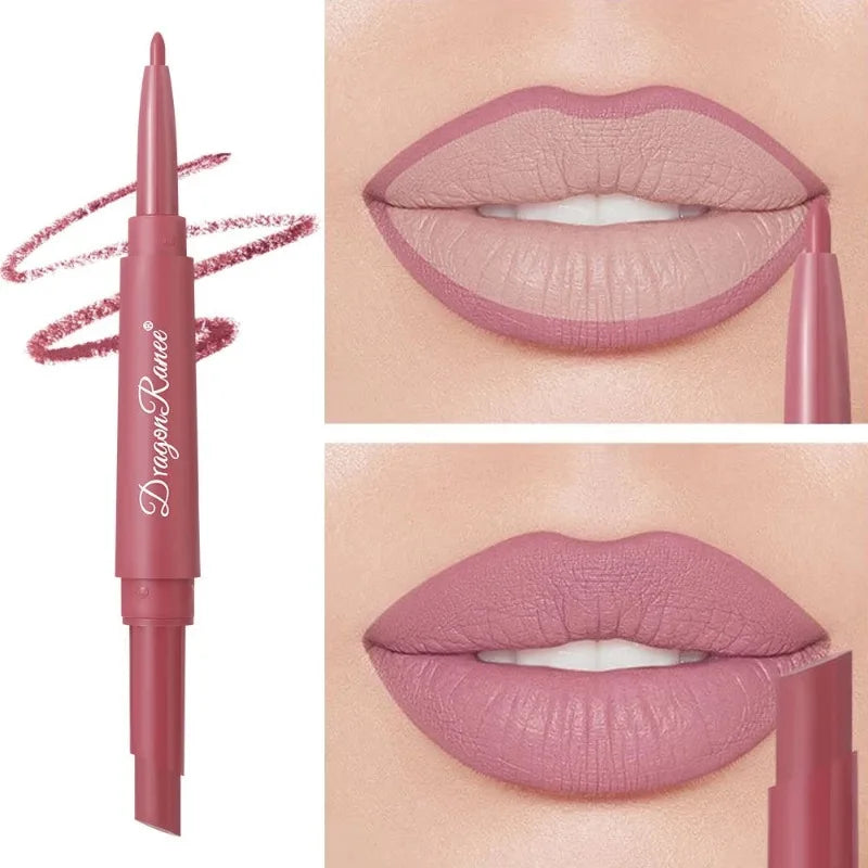 Dual-ended waterproof rose red lip liner and matte lipstick pencil for long-lasting, smooth nude matte lip makeup.