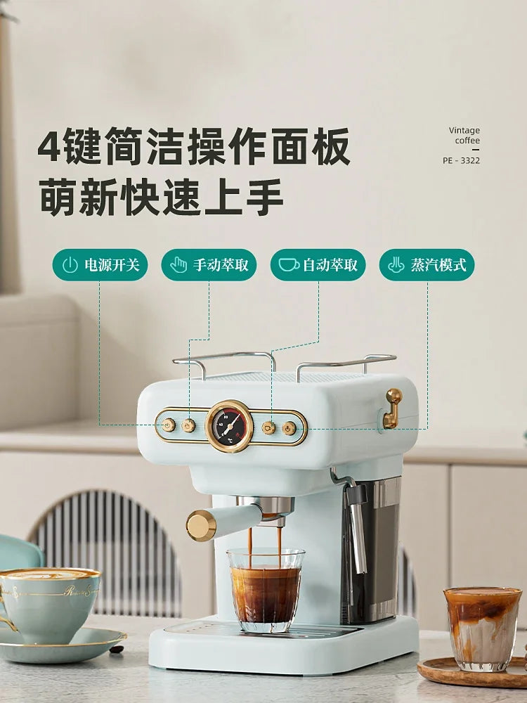 Vintage PE-3322 light blue espresso machine with gold accents, 4-button control panel, and integrated pressure gauge.