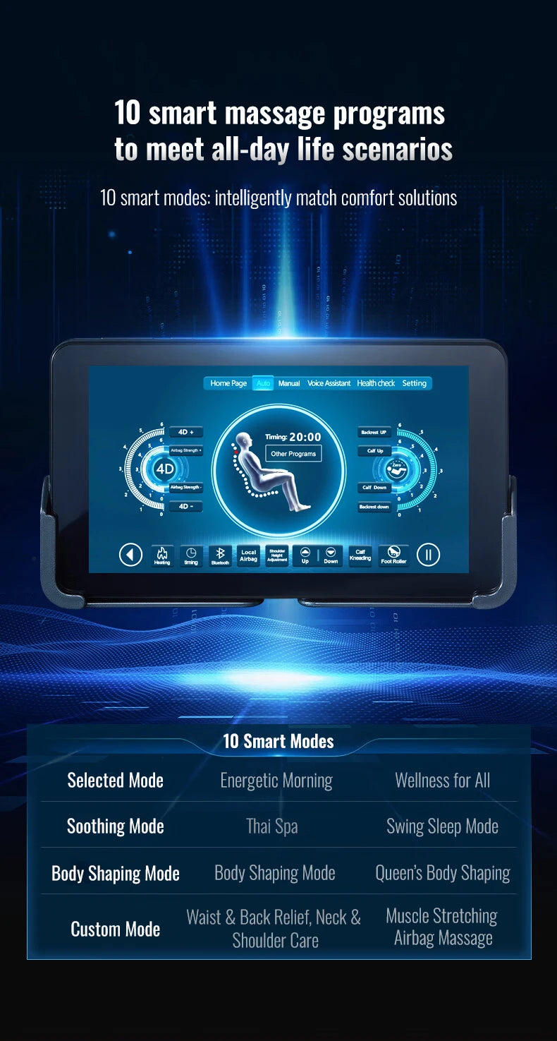 Massage chair touchscreen remote displaying 10 smart program modes, adjustable settings, and a 4D massage visualization.