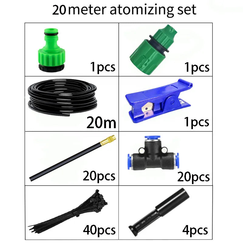 20m misting irrigation set: green coupler, black tubing coil, blue clip, mist nozzles