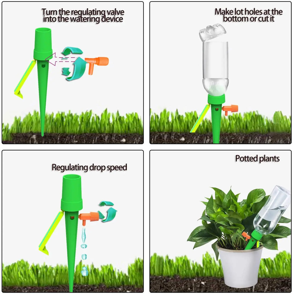 Auto drip irrigation spike with green body and orange valve, shown with watering motion steps