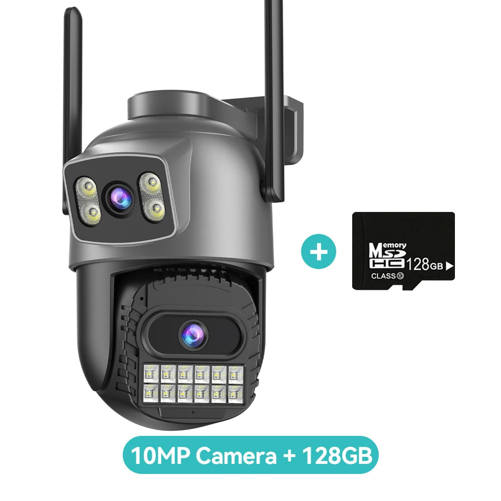 Outdoor dual-lens WiFi security camera, dark gray, two antennas; includes 128GB microSD