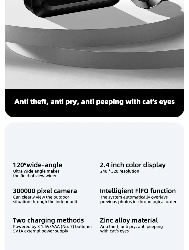 Danmini 2.4 Inch Hidden Peephole Doorbell 300 Thousand Pixels 120° Wide-angle Camera Digital Cat Eye Door Viewer Outdoor Monitor