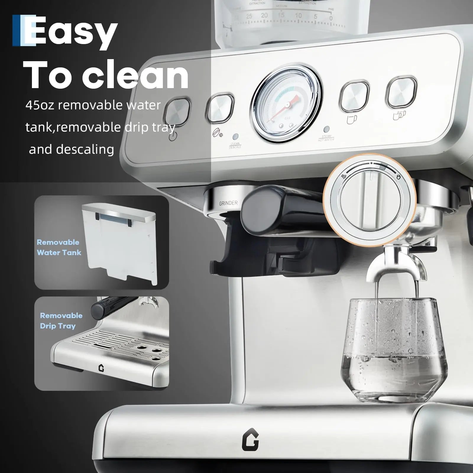 Stainless steel espresso machine with 45oz water tank, pressure gauge, and removable drip tray for easy cleaning.