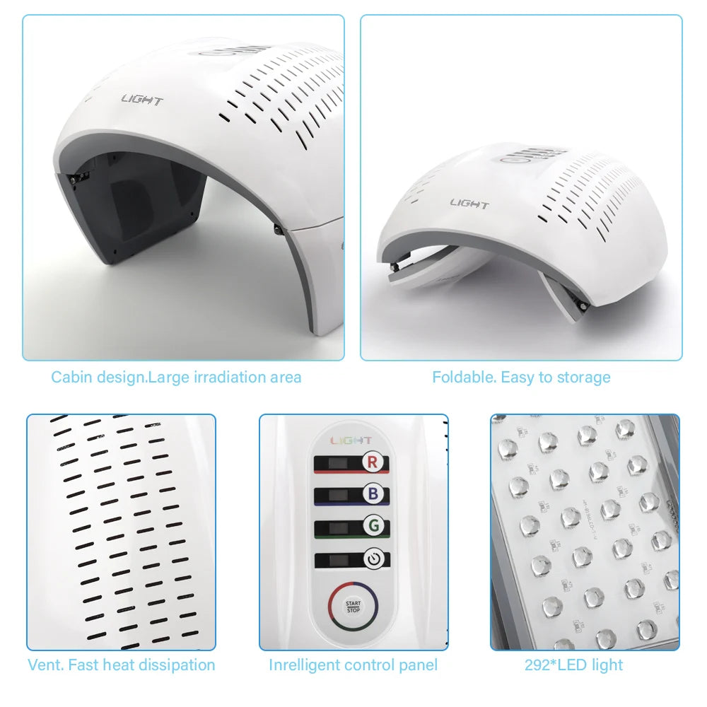 White foldable LED light therapy machine with vents, control panel, and 292 LED bulbs for skincare treatment.