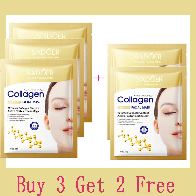 Collagen facial mask bundle with multiple sachet packs and 'Buy 3 Get 2 Free' graphic