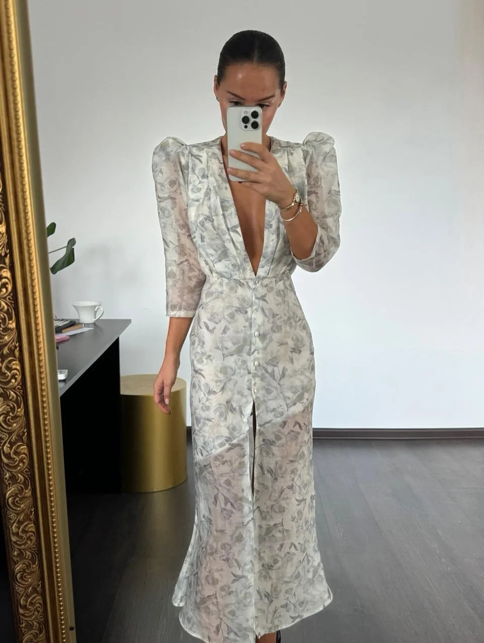 Fashion Sexy Organza Floral Printed Maxi Dress V-neck Puff Sleeve 2026 New Summer Romantic Women Party Gown Elegant Lady Vestido