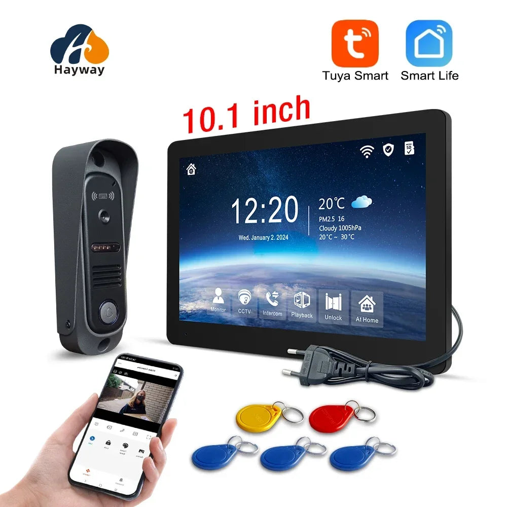Video intercom kit with 10.1 inch monitor, door unit, smartphone app, cables and key fobs