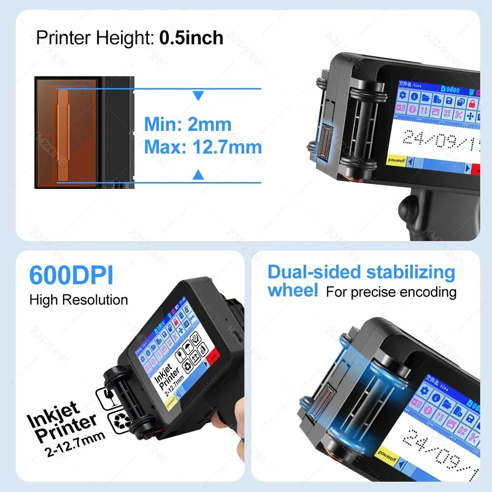 Black handheld inkjet label printer showing front screen and nozzle area for min 2mm prints
