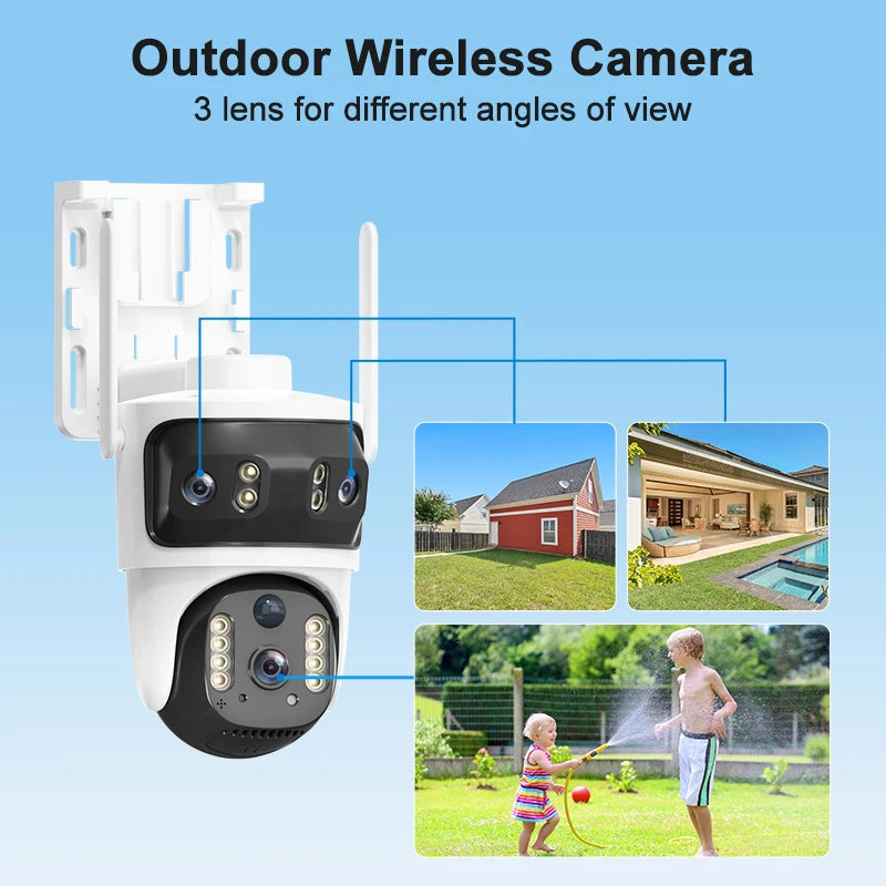 V380 Security Camera 3 Lens 12MP HD 4G Wireless Outdoor Automatic Tracking Humanoid PIR AI Detection 10000mAh PTZ Camera