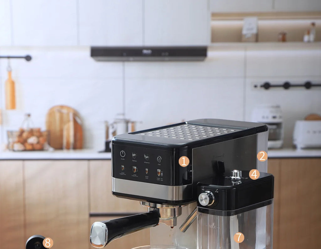 Black and stainless steel espresso machine with milk frother and digital touch display in a modern kitchen.
