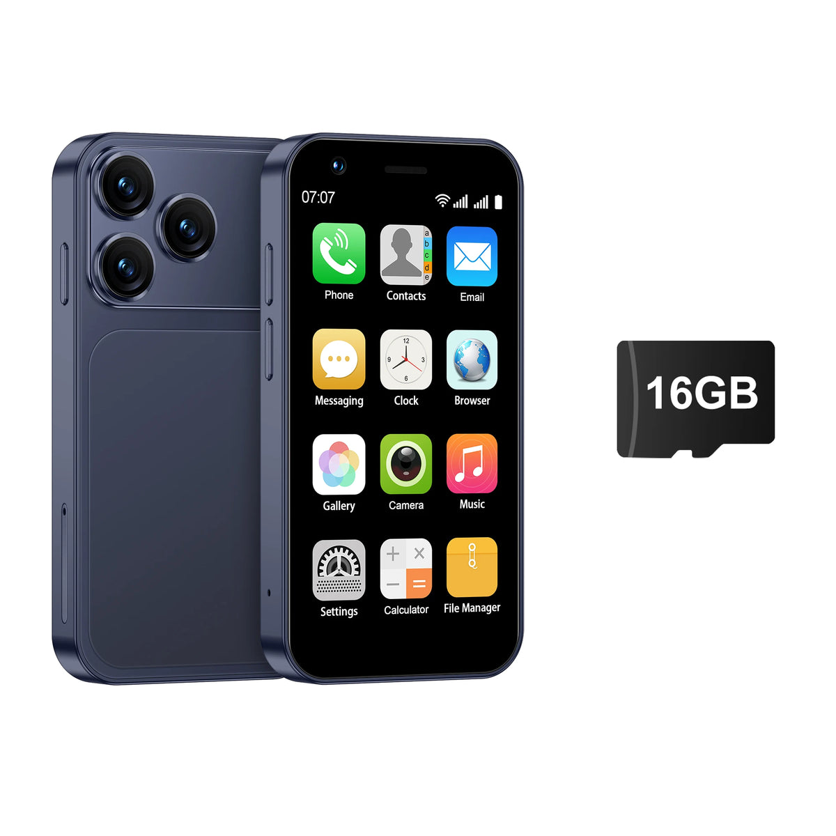 Blue 3-inch mini Android smartphone, side-by-side front screen and back