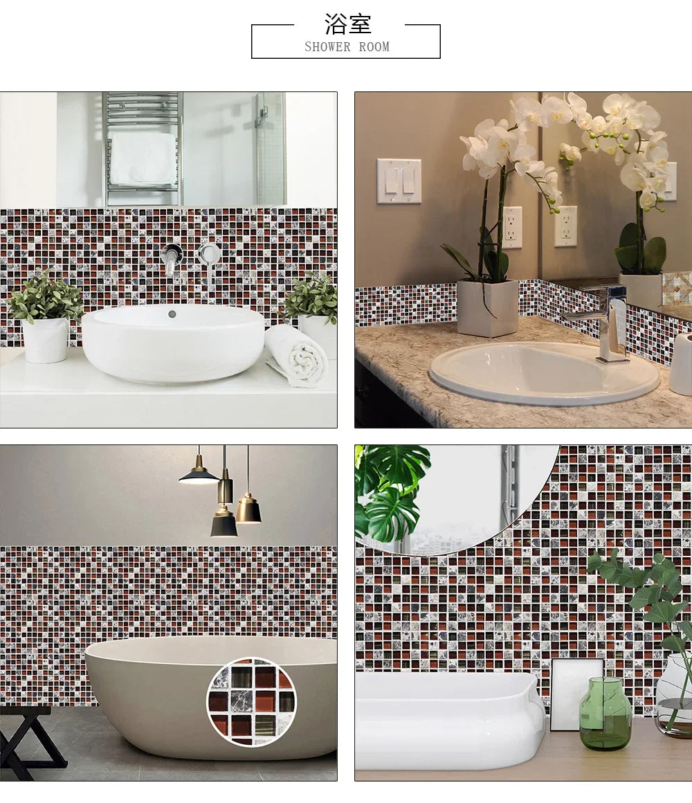10pcs/set 10/15/20/30cm Flat Marble Mosaic Hard Tiles Wall Sticker Kitchen Bathroom Floor Diagonal Decor Wallpaper PVC Art Mural