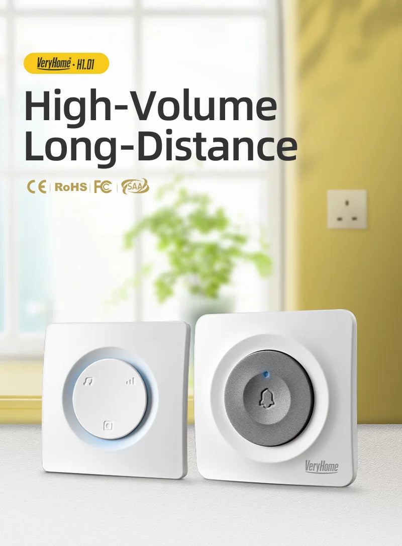 VERYHOME Wireless Doorbell with Large Button, 500ft Range, IP44 Waterproof, LED Night Light, Loud Chime, New Chip, Home Security