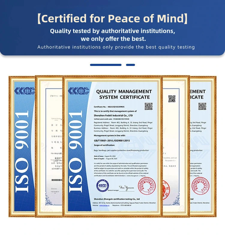 Quality certificate graphic with ISO-style seals and “Quality Management System” title