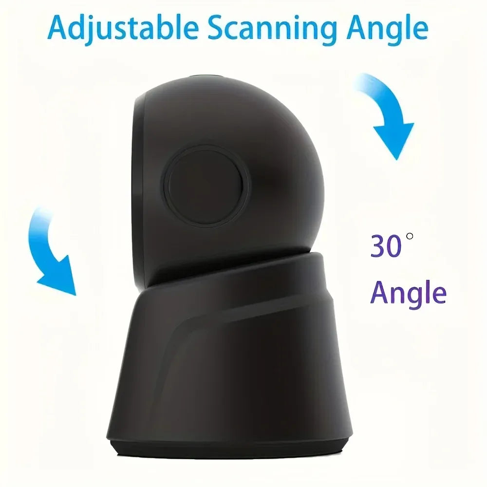 2D barcode scanner with adjustable scanning head angle, black body with red LED ring