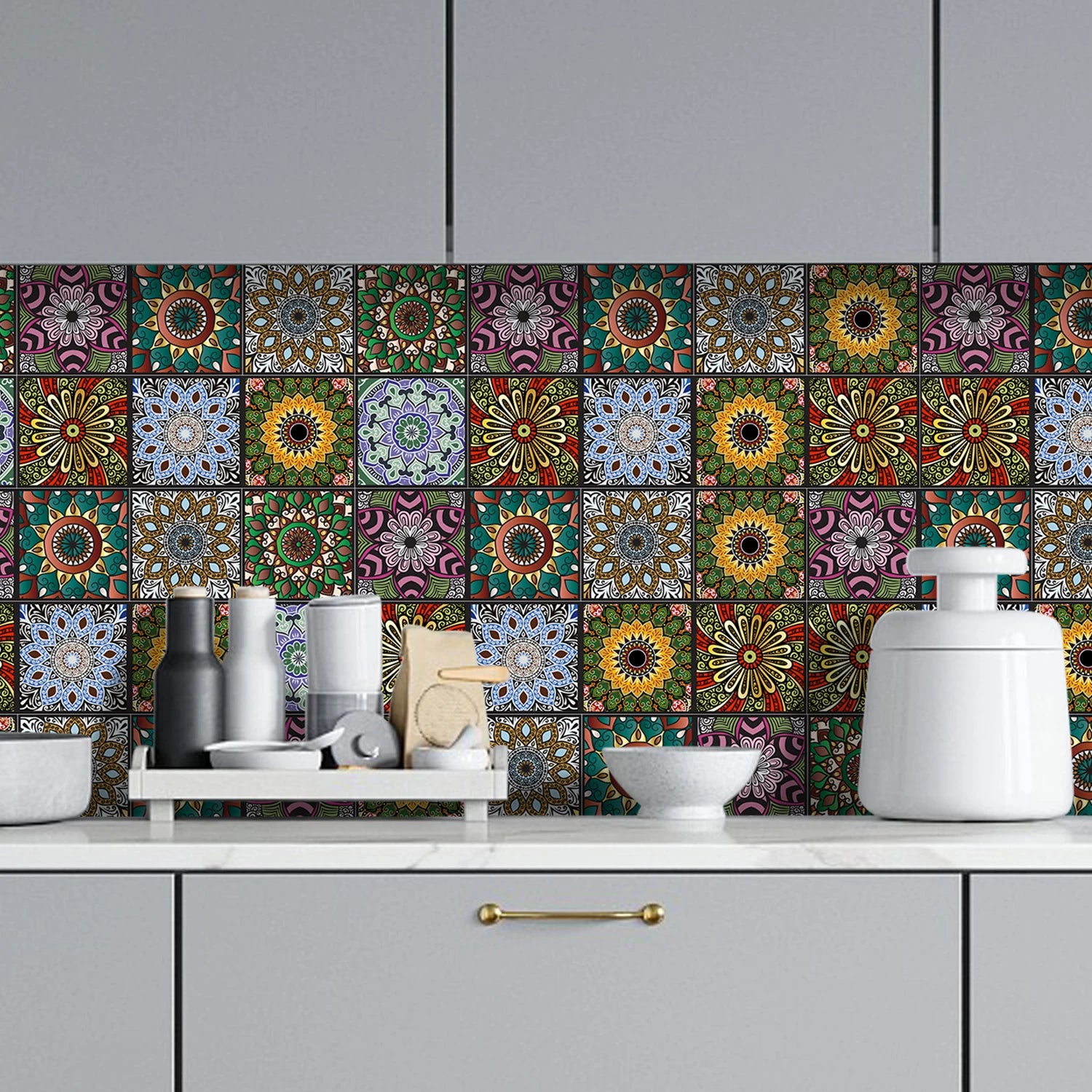 10 pcs/pack, Floral Mandala PVC Self-Adhesive Tile Stickers - Waterproof, Oil-Proof, Easy to Clean for Home Decoration