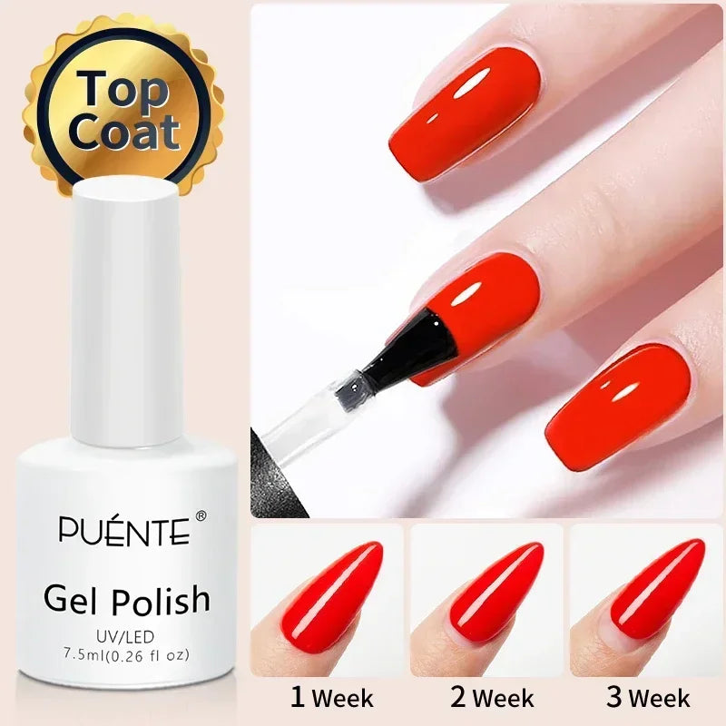 7.5ml bottle of clear gel top coat for UV/LED nail polish, shown being applied to red nails for long-lasting wear.