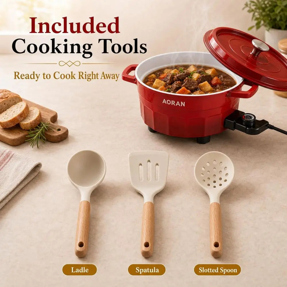 Red electric hot pot cooker with open lid and three wooden-handled cooking tools