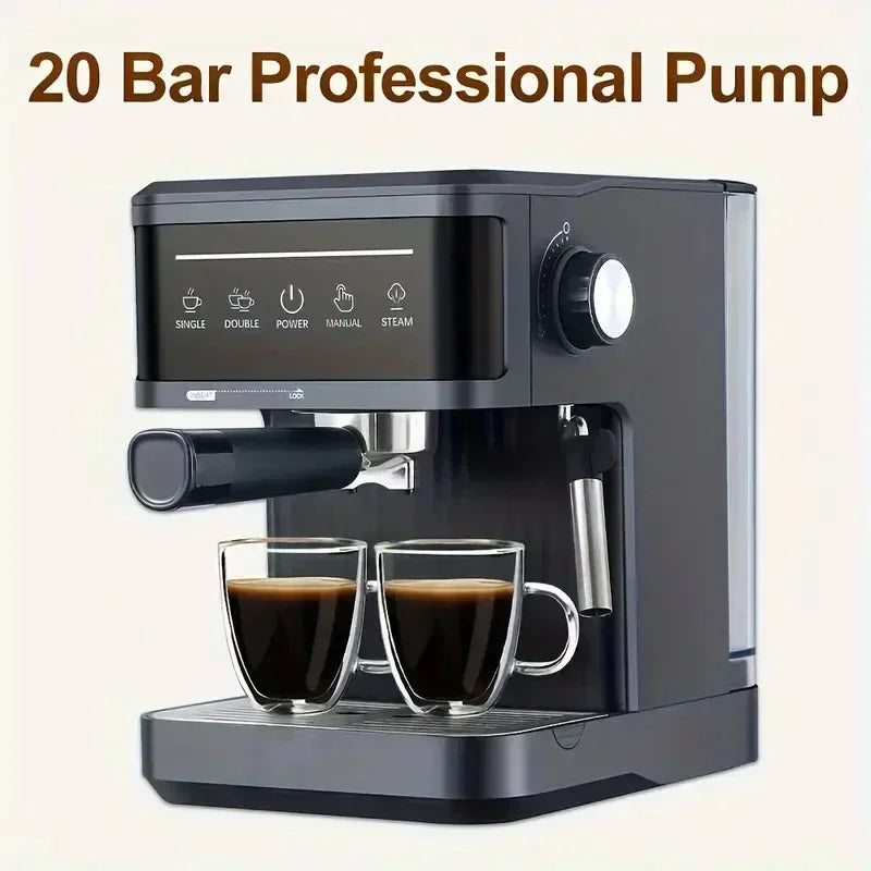 Black 20 bar professional espresso machine with touch control panel, steam wand, and two glass coffee cups.