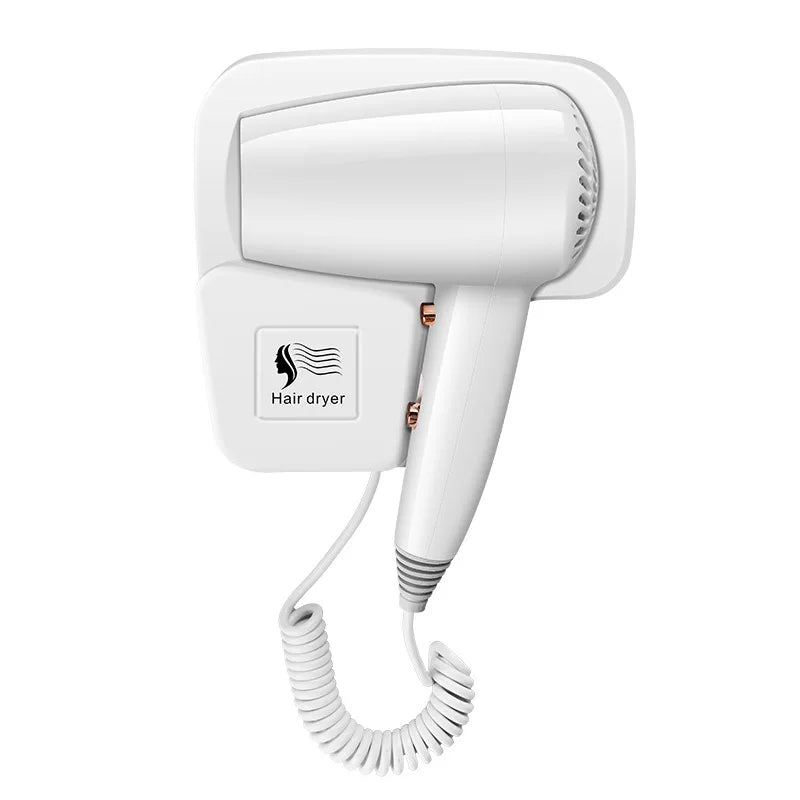 White wall-mounted 1300W hair dryer with coiled cord, perfect for hotels and home bathrooms. Easy install design.