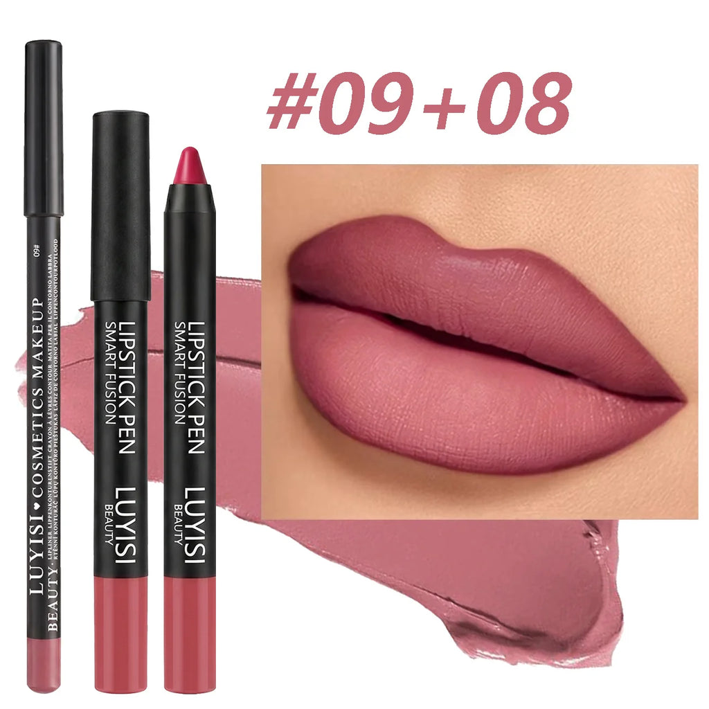 2pcs matte velvet lip set with waterproof lipstick pencil and long-lasting lip liner in mauve-pink shade.