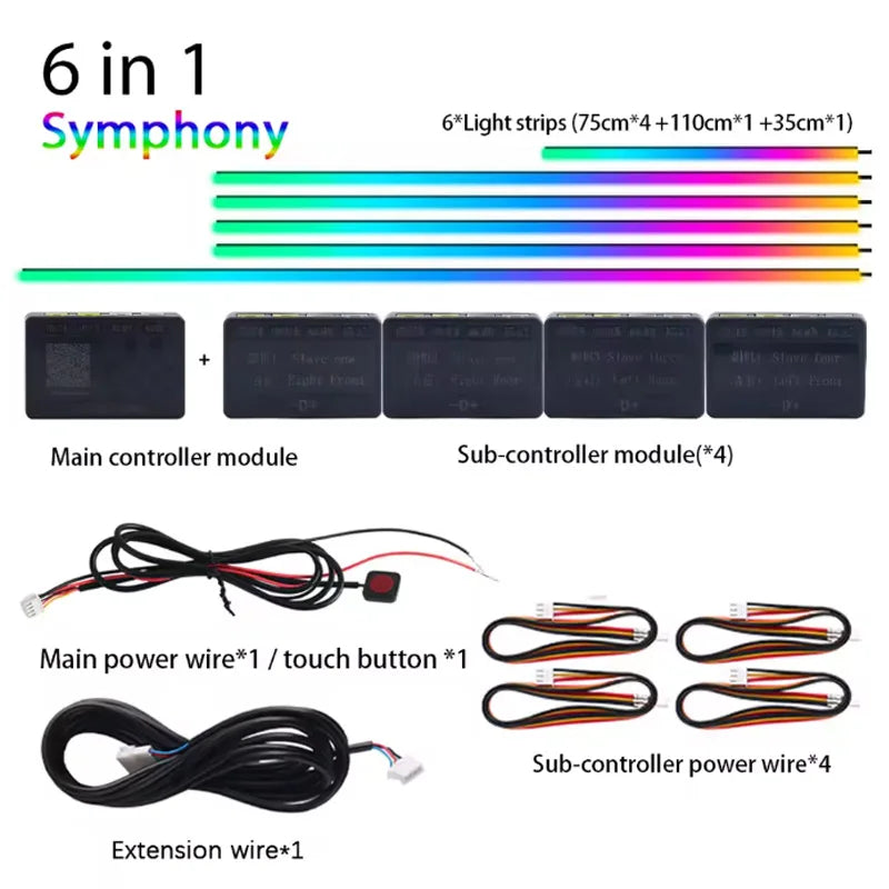 Tidesmit RGB Symphony Car Ambient Lighting Kit - Customizable LED Strips 6 in 1 Symphony Tidesmit