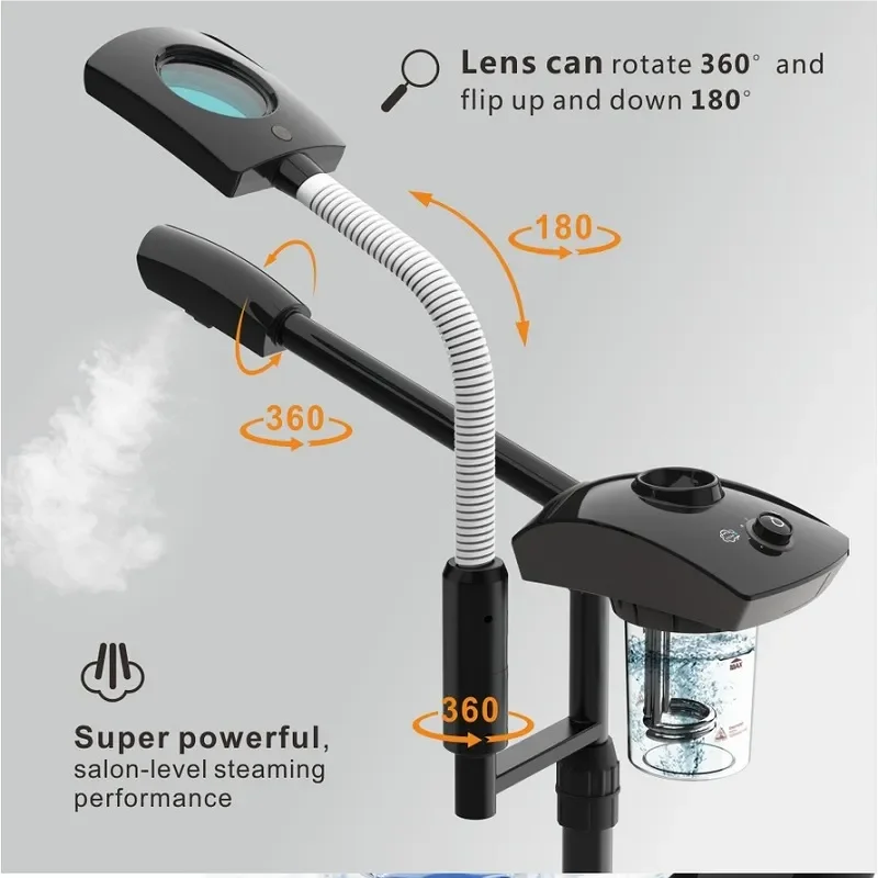 Professional ozone facial steamer with magnifying glass and 360-degree rotating nozzle for deep pore cleansing.