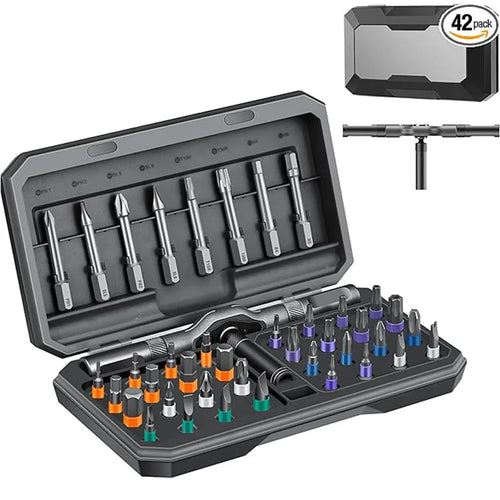 42-in-1 magnetic screwdriver set in open gray case with colorful bit assortment