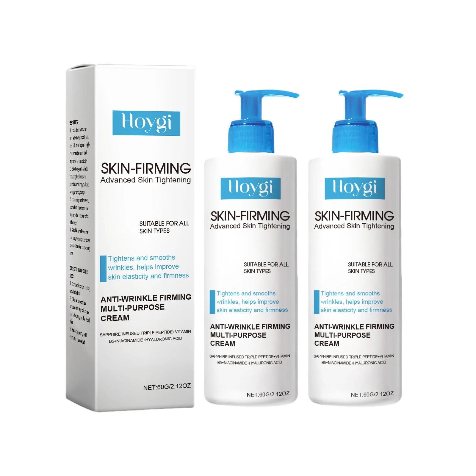 Hoygi skin-firming pump cream box and two bottles with blue pumps