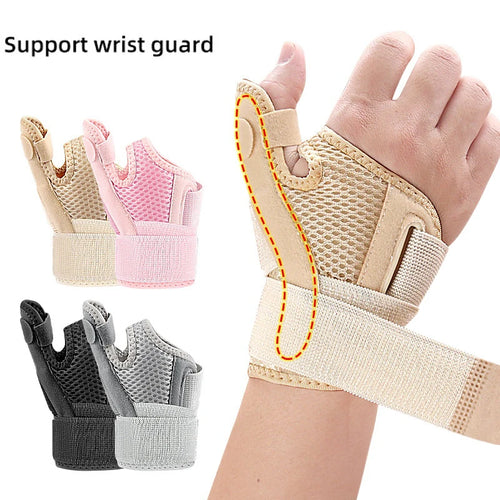 Beige, pink, black, grey mesh thumb and wrist support brace for orthopedic pain relief and injury recovery.