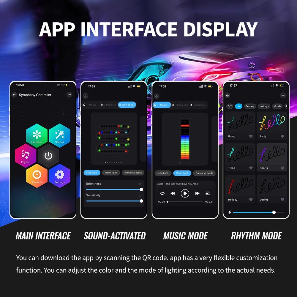 RGB Car Ambient LED Strip Lights with Music Sync App Control Tidesmit