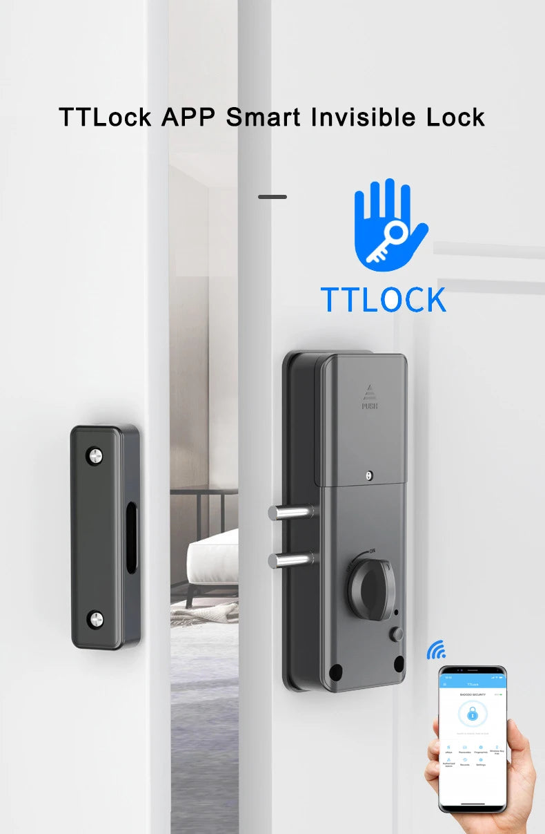 TTLock APP Remote Control Automatic IC Card Motor Lock Invisible No Drill Hole Installation For Wooden Door