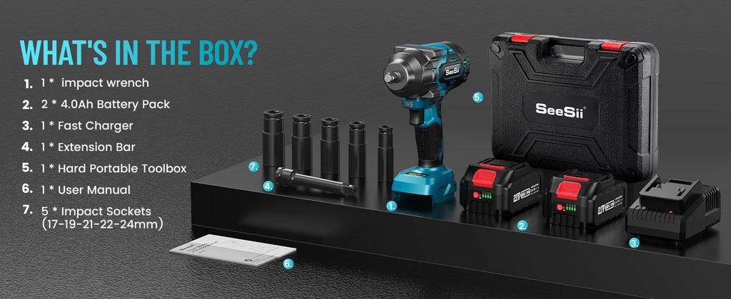 SeeSii 900Nm 1000Nm 1300Nm Cordless Impact Wrench Brushless Electric Impact Gun Kit Battery Powered Tool For Car Tire Repair with 2*4.0Ah Batteries Case LED Light For Makita