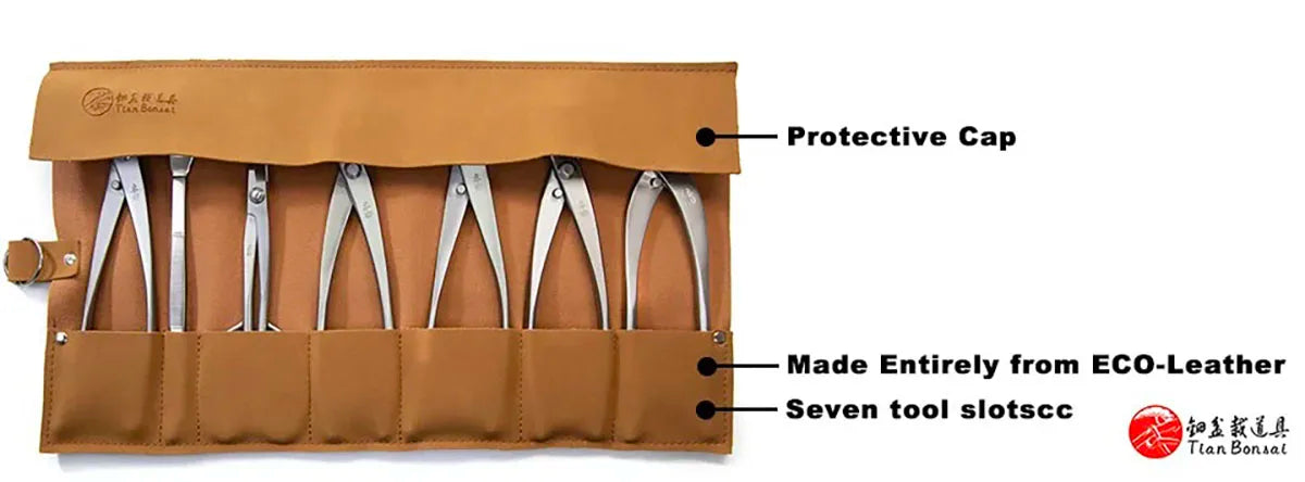 TianBonsai NBK-07/NMK-07 7-Piece Bonsai Tool Set Leather Storage Roll Bag for Bonsai Pruning, Shaping and Maintenance