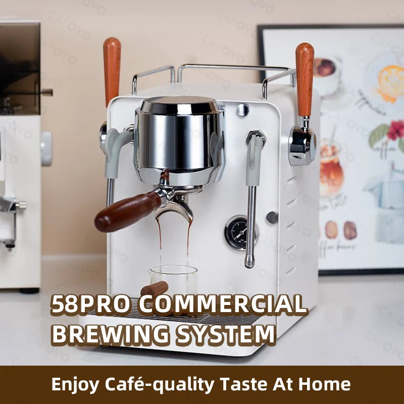 Cafoyo 58Pro white commercial espresso machine with wood handle, chrome group head, and pressure gauge.