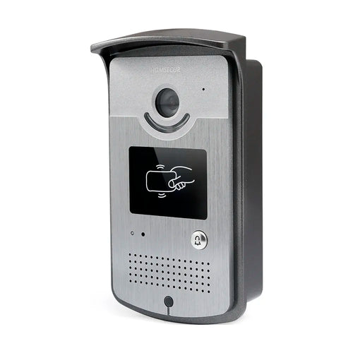 Brushed metal outdoor video doorbell intercom panel with camera and call button