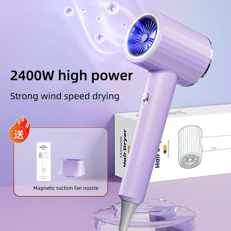 Purple 2400W ionic hair dryer with magnetic nozzle, blue light technology, and stand for fast, silent salon-style drying.