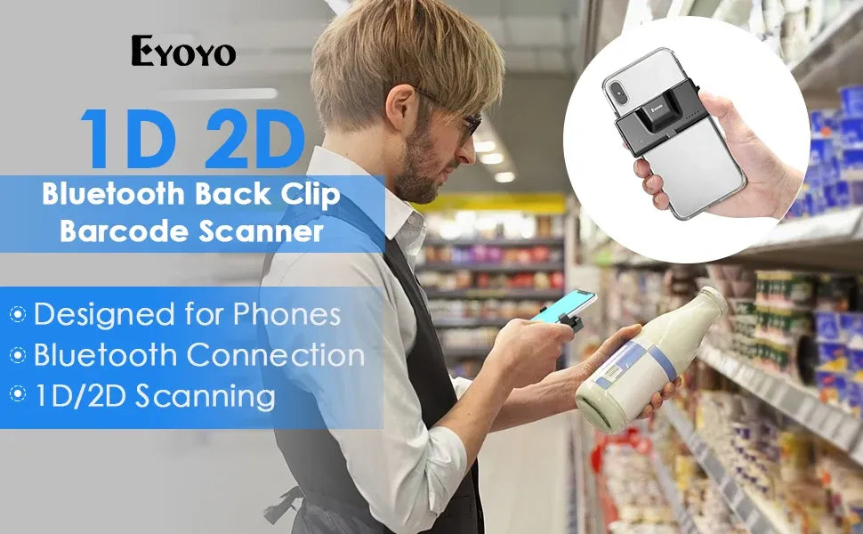 Bluetooth back clip 1D/2D barcode scanner on a smartphone for retail scanning