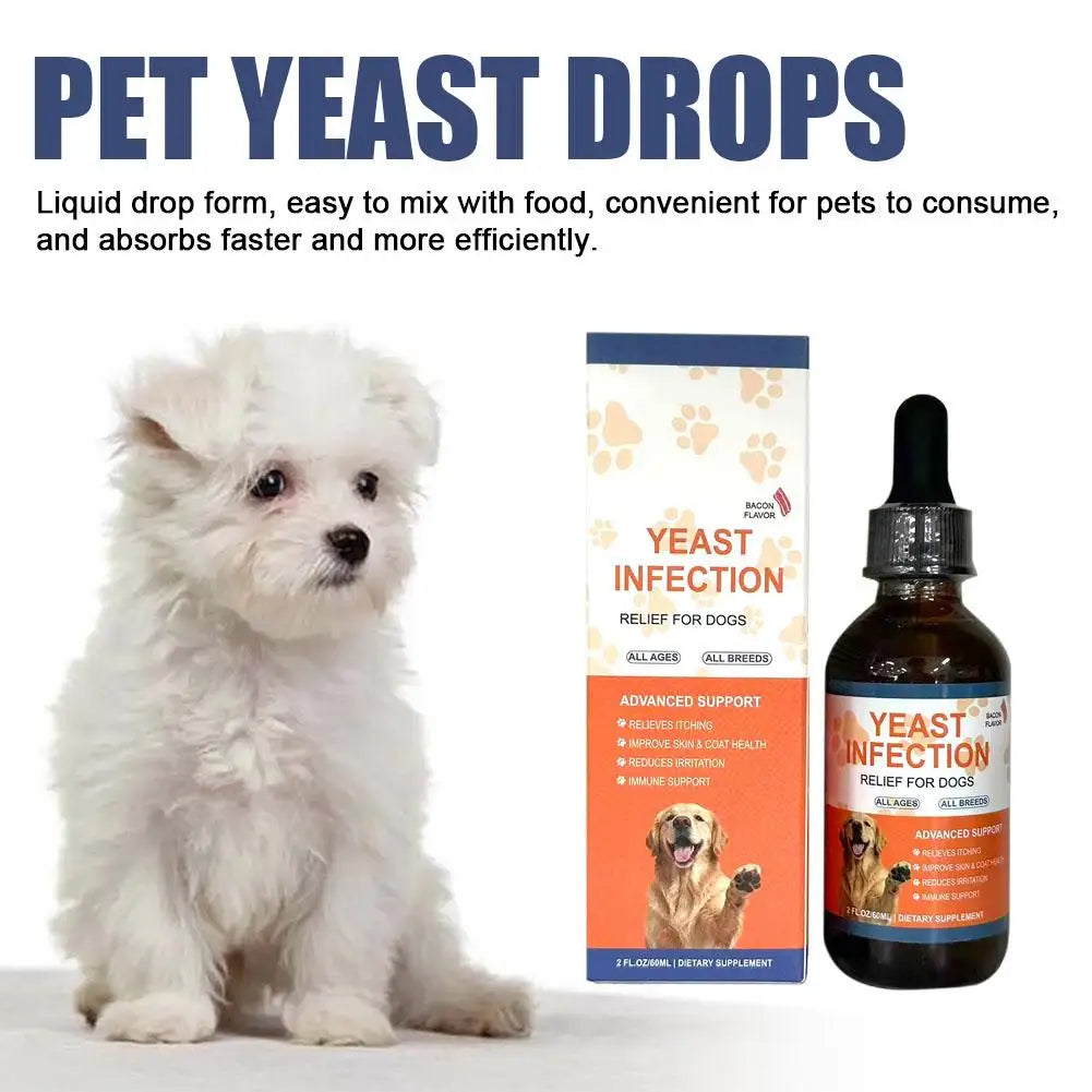 60ml herbal dog yeast infection drops for skin, coat health, and itch relief in an easy-to-use liquid supplement.