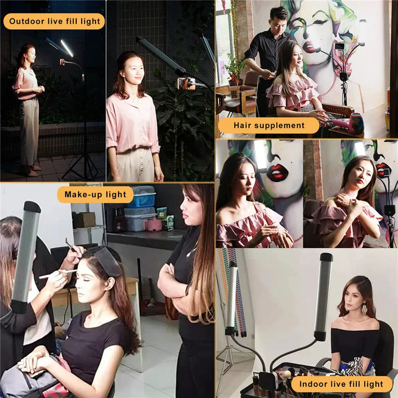 Dual LED light bars on flexible, adjustable tripod stands used for professional studio, makeup, and video lighting.