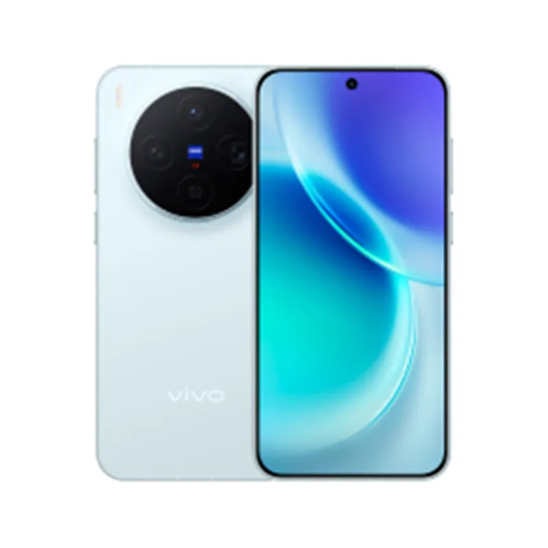 White Vivo X300 smartphone, front and back view, 200MP Zeiss camera, AMOLED display, Dimensity 9500, IP69 waterproof.