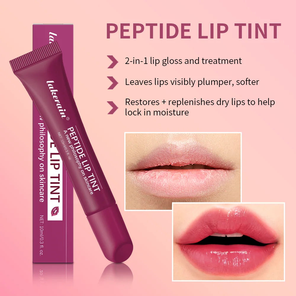 Lakerain peptide lip tint for plumping, hydrating, and high-shine glass finish in a glossy, moisturizing nude pink.