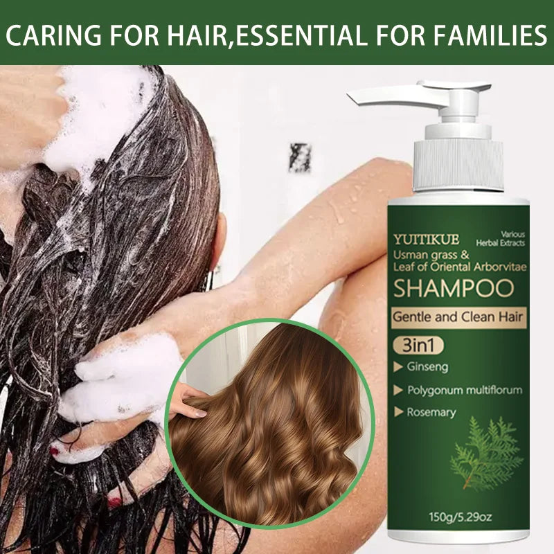 Usman Grass and Oriental Cedar Leaf Shampoo, strengthens hair roots, controls oil, cleanses the scalp, and promotes hair growth