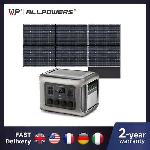 ALLPOWERS R2500 silver portable power station with solar panels, digital display, and multiple AC output ports.