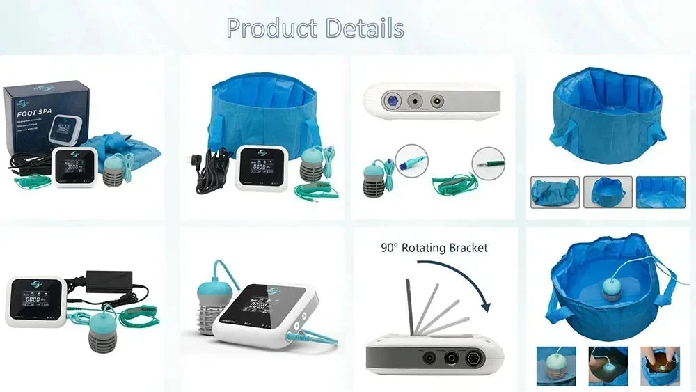 Ionic detox foot spa kit with blue foldable basin, digital control unit, rotating bracket, and electric arrays for home.