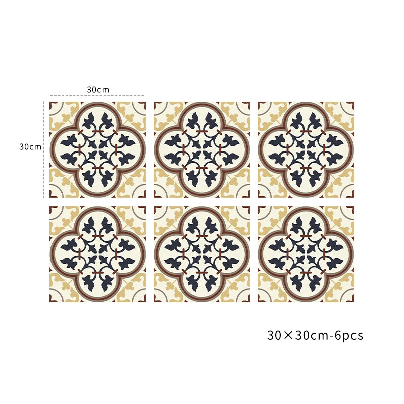 Peel-and-stick vinyl tile set, beige and navy quatrefoil pattern, 6pcs 30x30cm