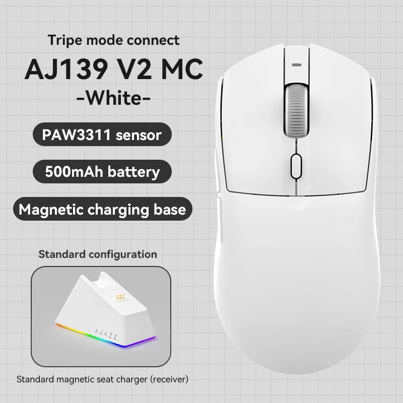 AJAZZ AJ139 V2 MC 1000HZ Gaming Mouse Small/medium size tri-mode wireless PAW3311 sensor lightweight design RGB full-color magnetic base About 66g lightweight